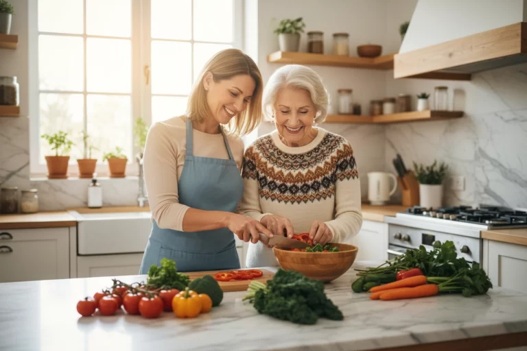 Caregiver helping prepare a healthy meal